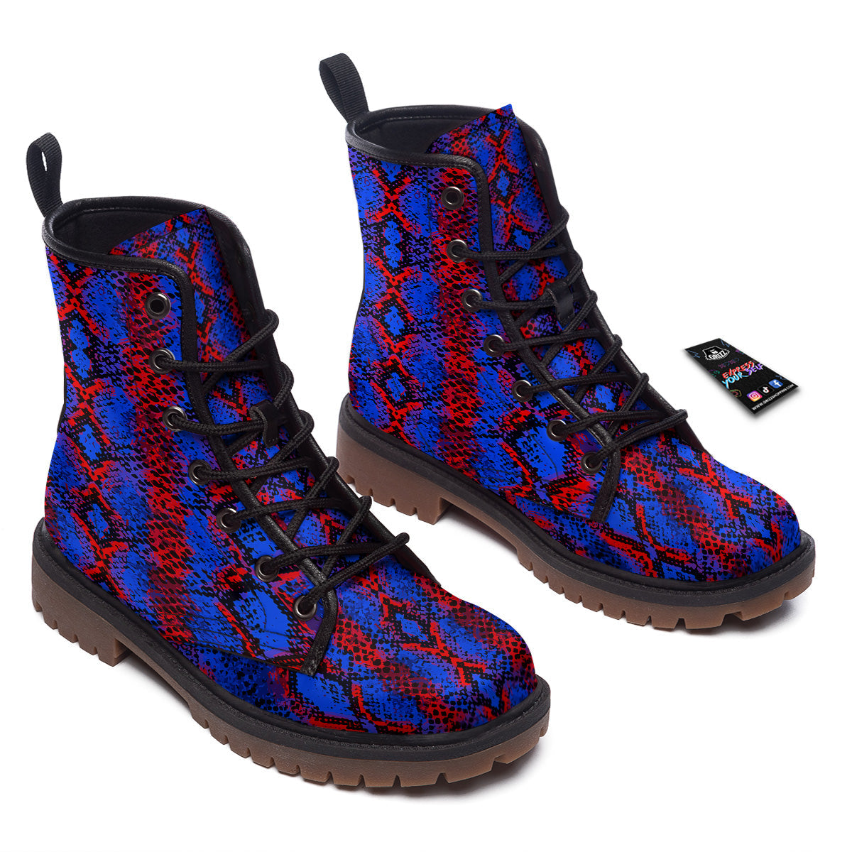 Snakeskin Red And Blue Print Work Boots-grizzshop