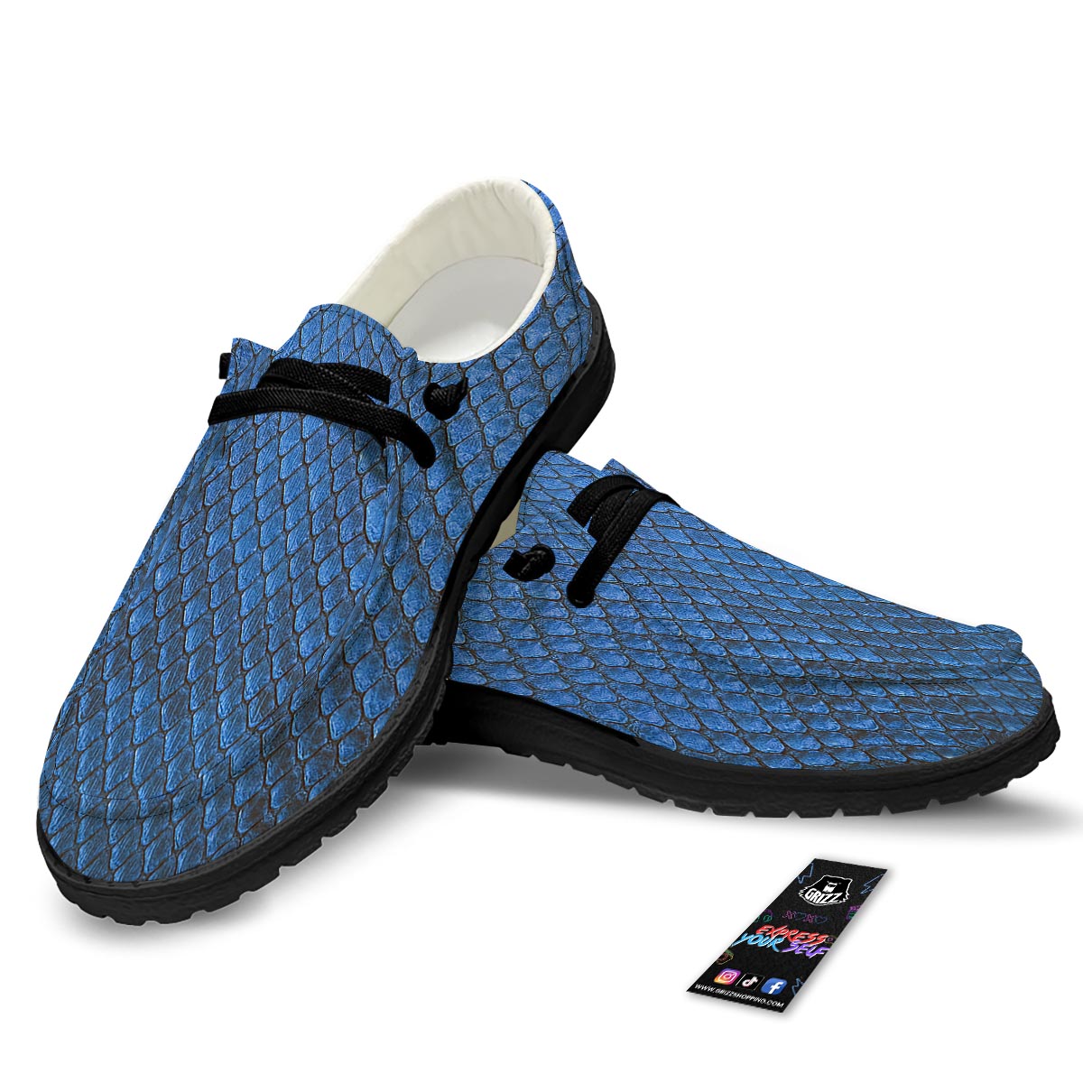 Snakeskin Steel Blue Print Black Loafers-grizzshop