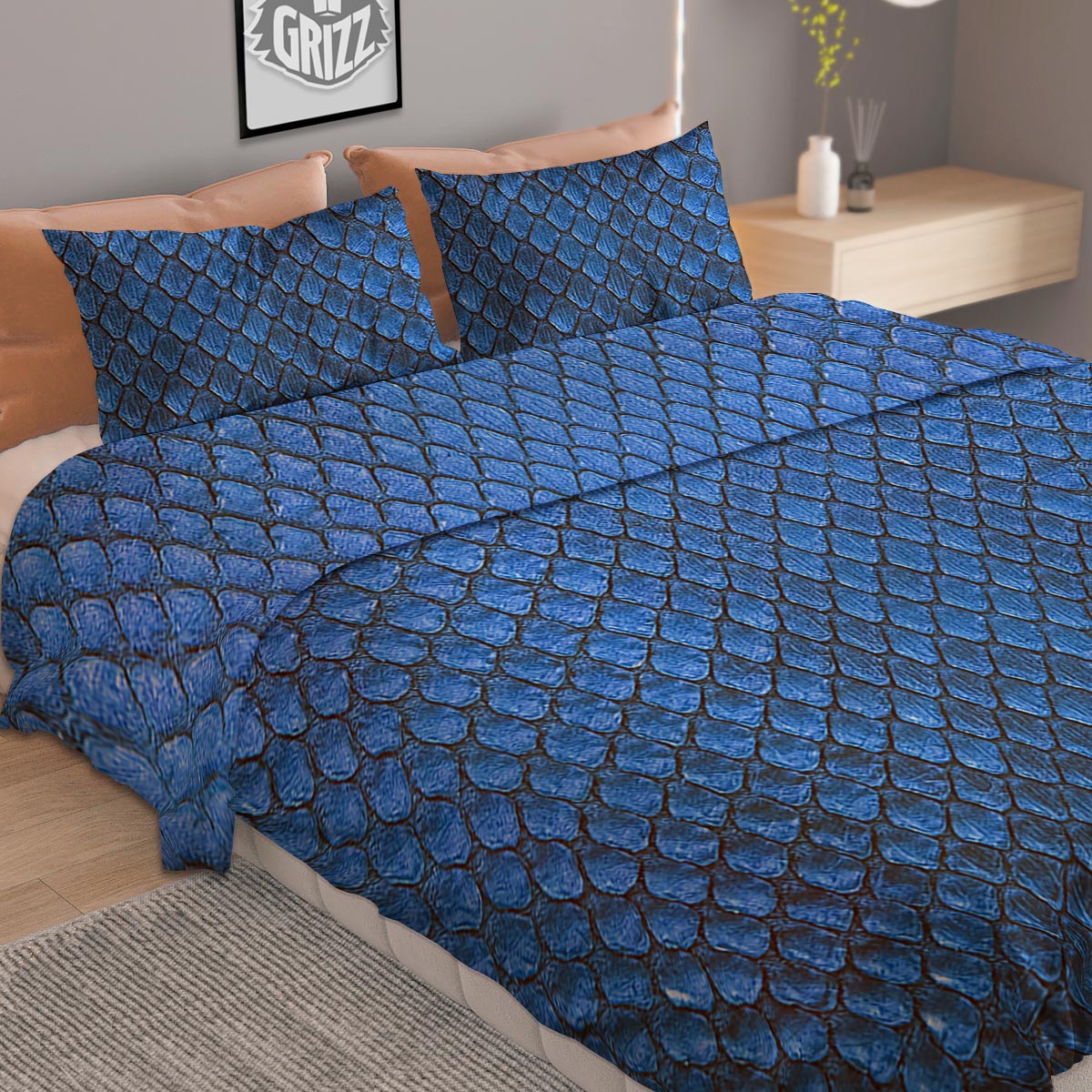 Snakeskin Steel Blue Print Duvet Cover Bedding Set
