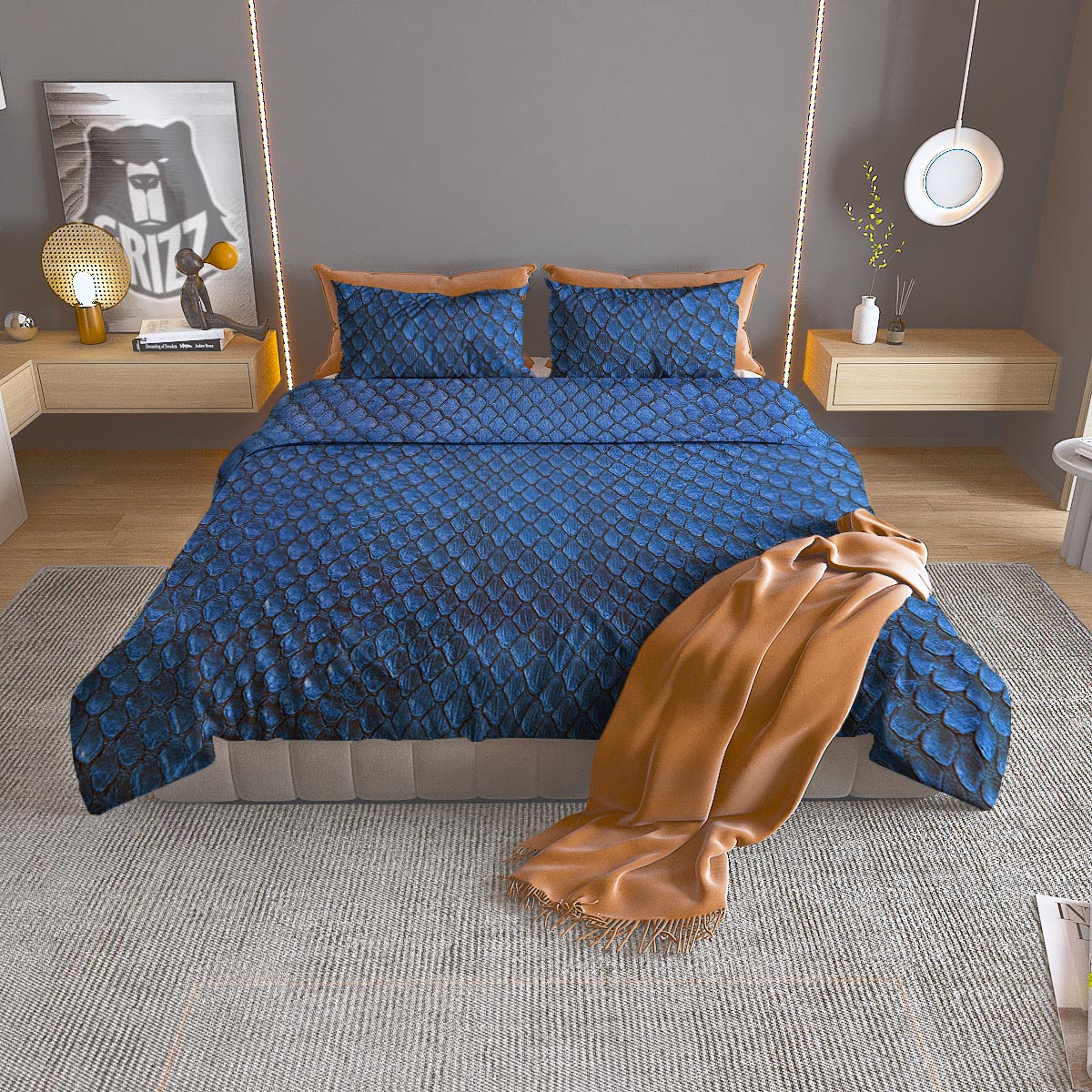 Snakeskin Steel Blue Print Duvet Cover Bedding Set