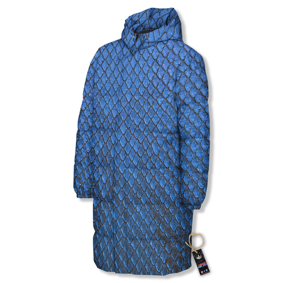 Snakeskin Steel Blue Print Long Down Jacket-grizzshop
