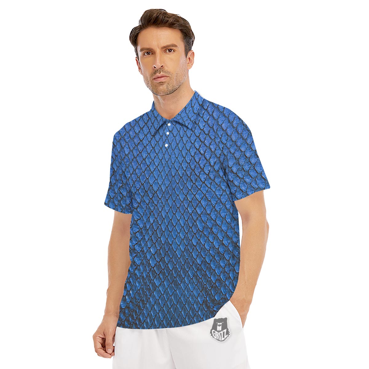Snakeskin Steel Blue Print Men's Golf Shirts-grizzshop