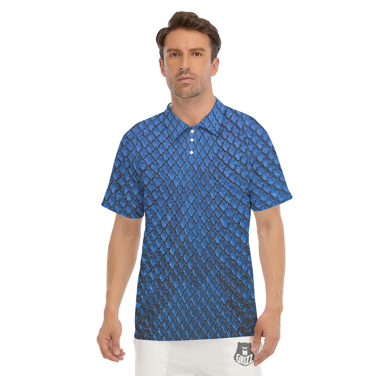 Snakeskin Steel Blue Print Men's Golf Shirts-grizzshop