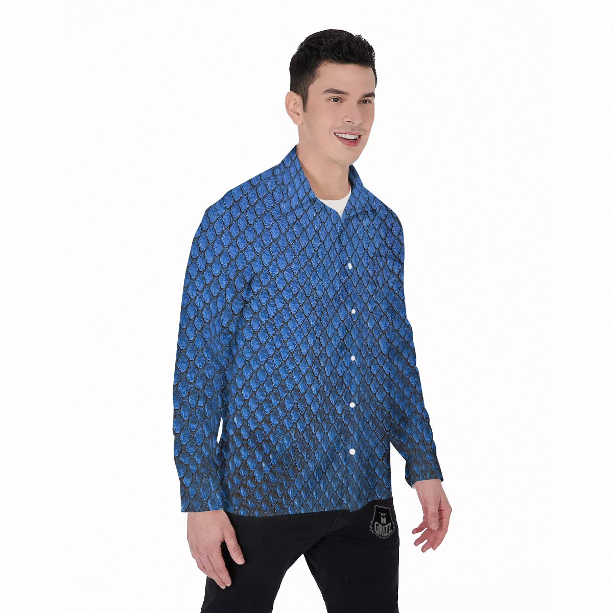 Snakeskin Steel Blue Print Men's Long Sleeve Shirts-grizzshop