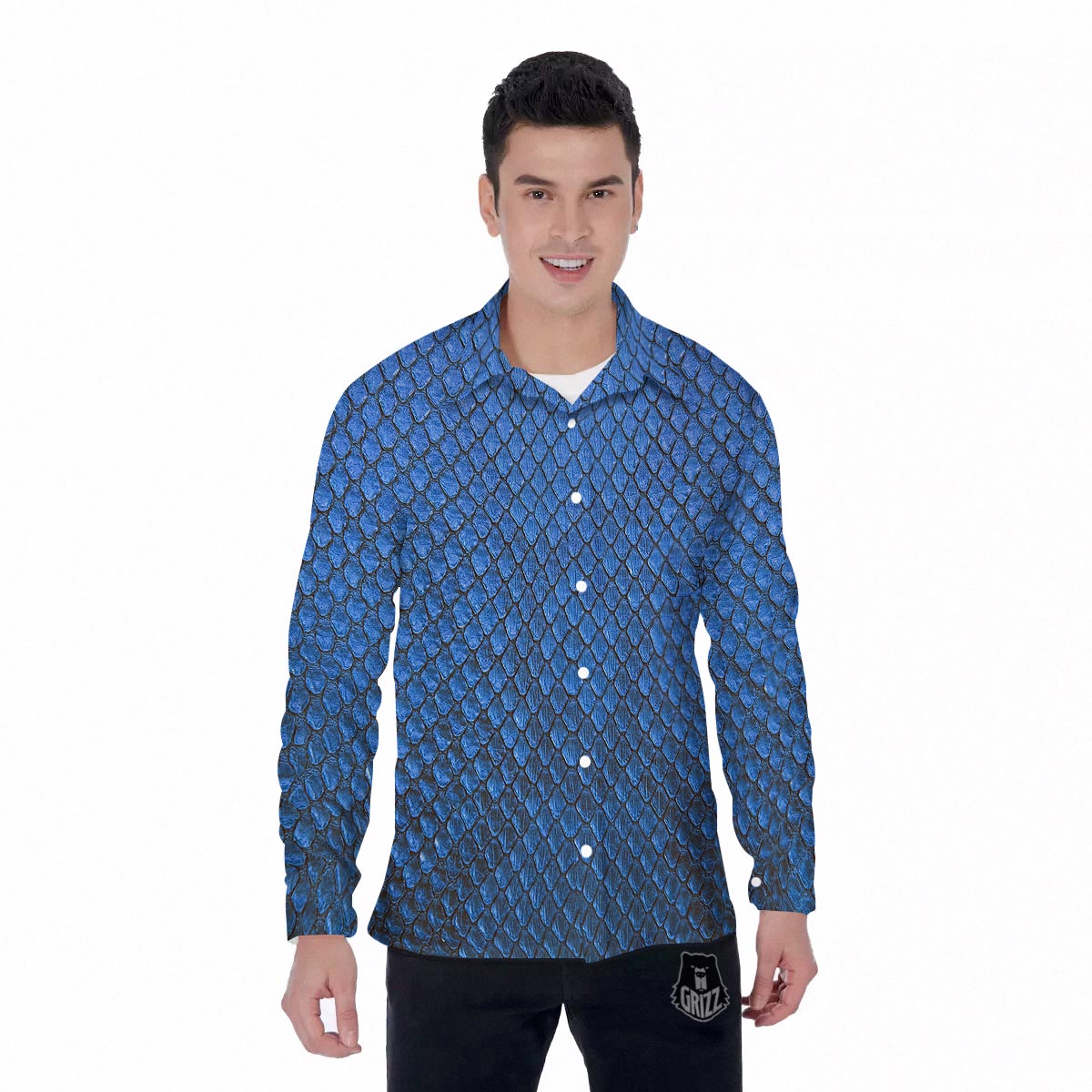 Snakeskin Steel Blue Print Men's Long Sleeve Shirts-grizzshop