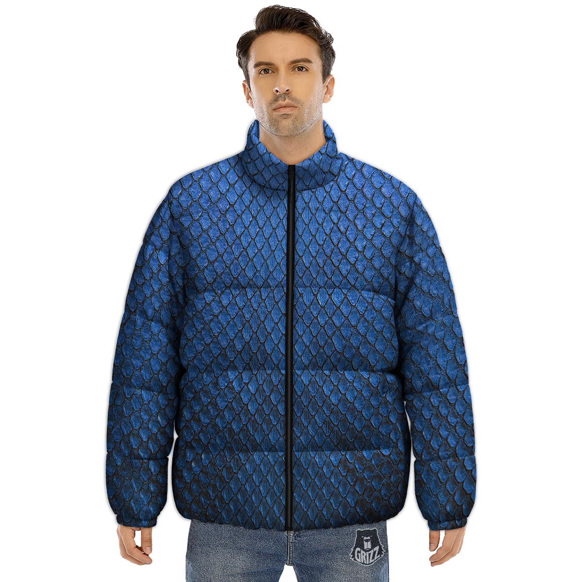 Snakeskin Steel Blue Print Puffer Jacket-grizzshop