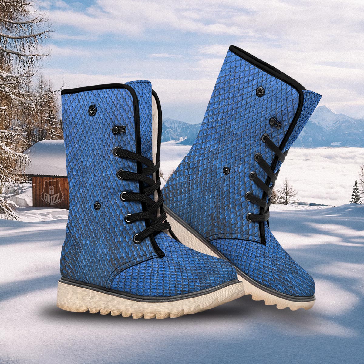 Snakeskin Steel Blue Print Snow Boots-grizzshop
