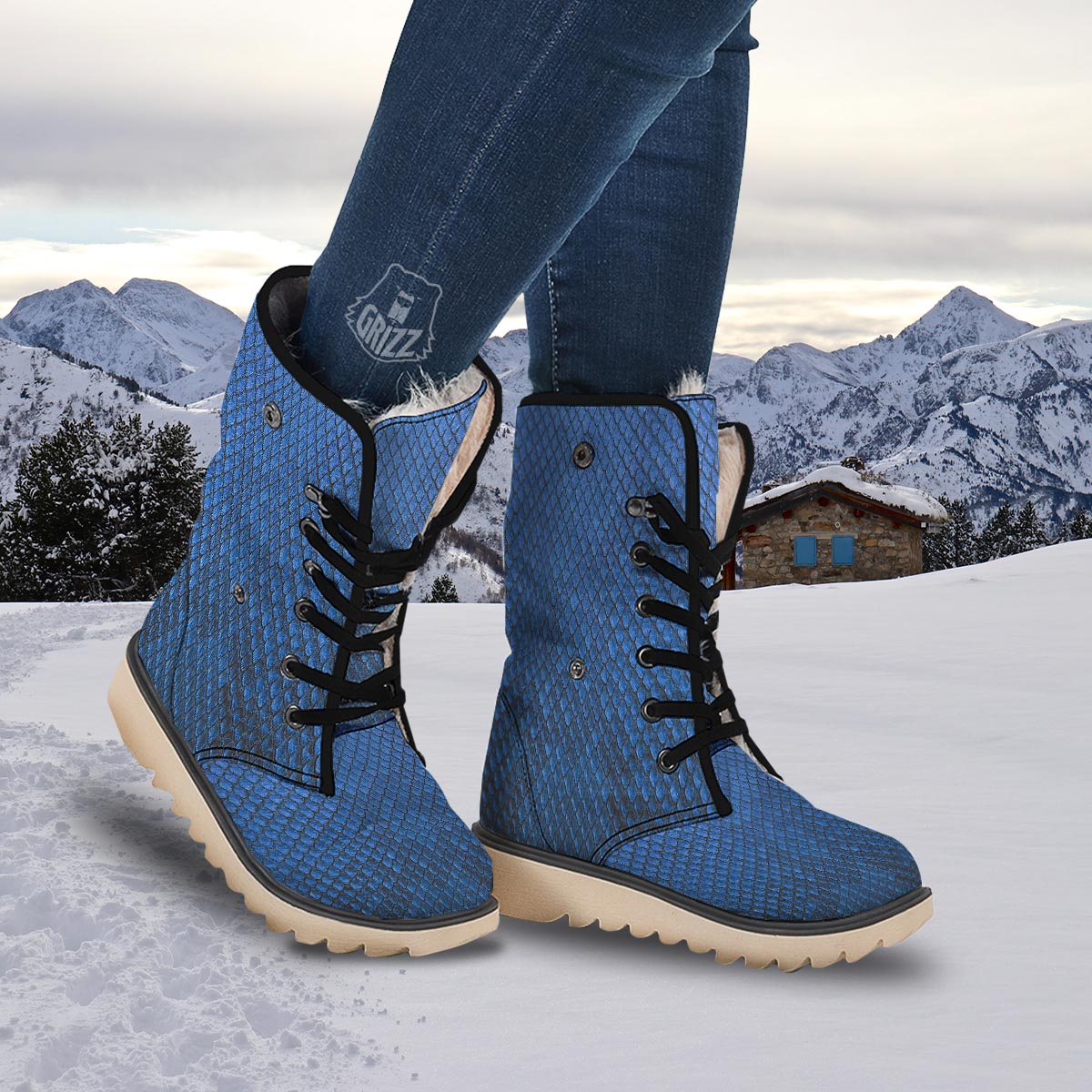 Snakeskin Steel Blue Print Snow Boots-grizzshop