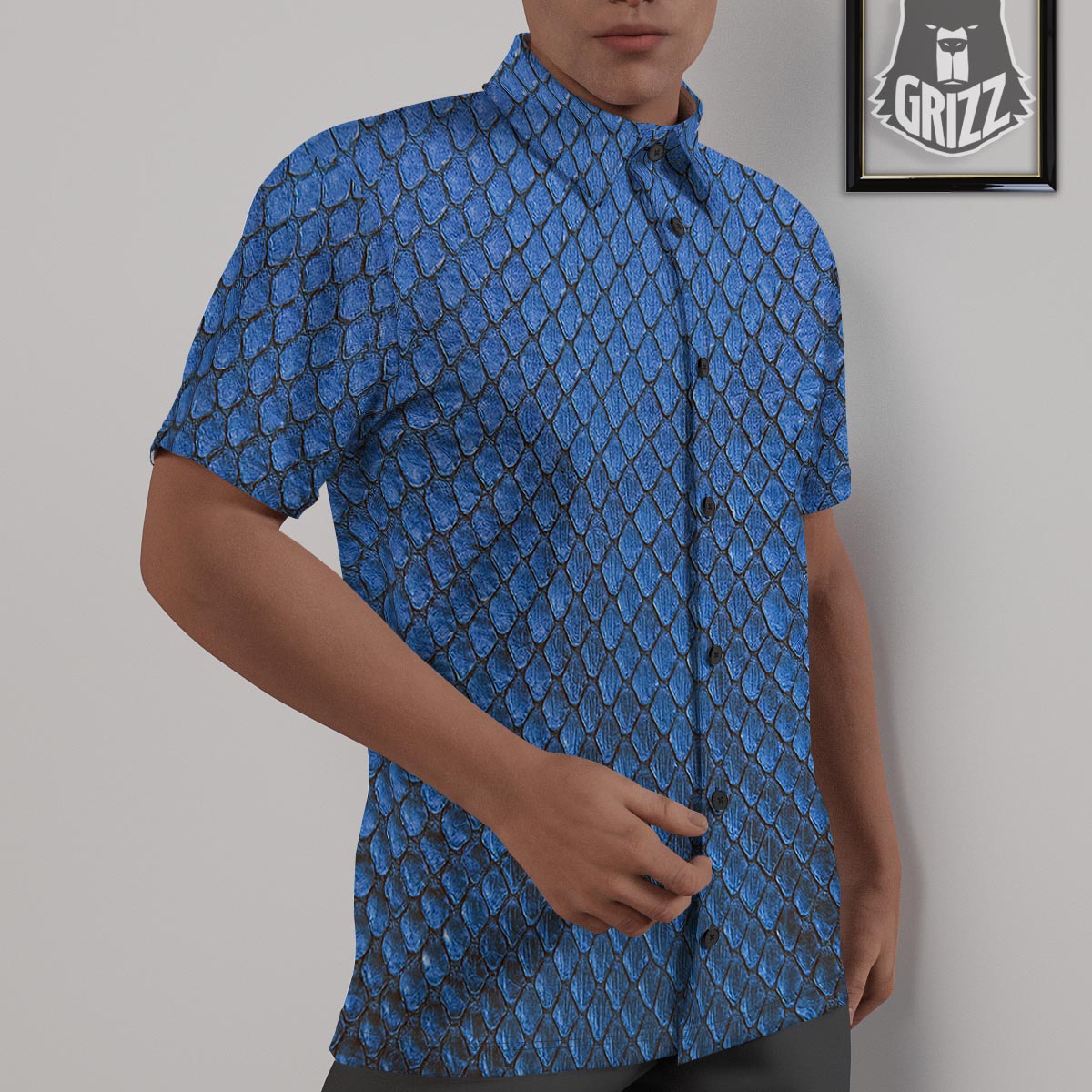 Snakeskin Steel Blue Print Untucked Shirts-grizzshop