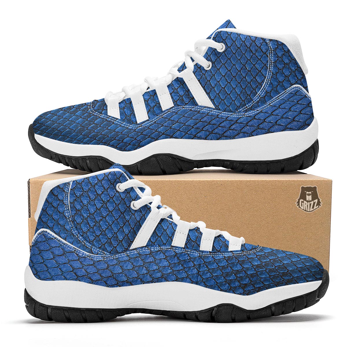Snakeskin Steel Blue Print White Bball Shoes-grizzshop
