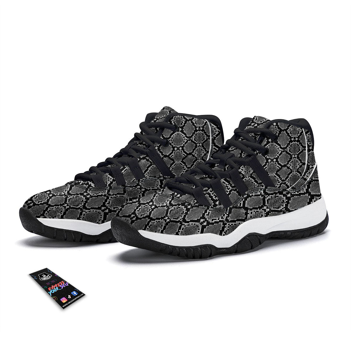 Snakeskin White And Black Print Black Bball Shoes-grizzshop