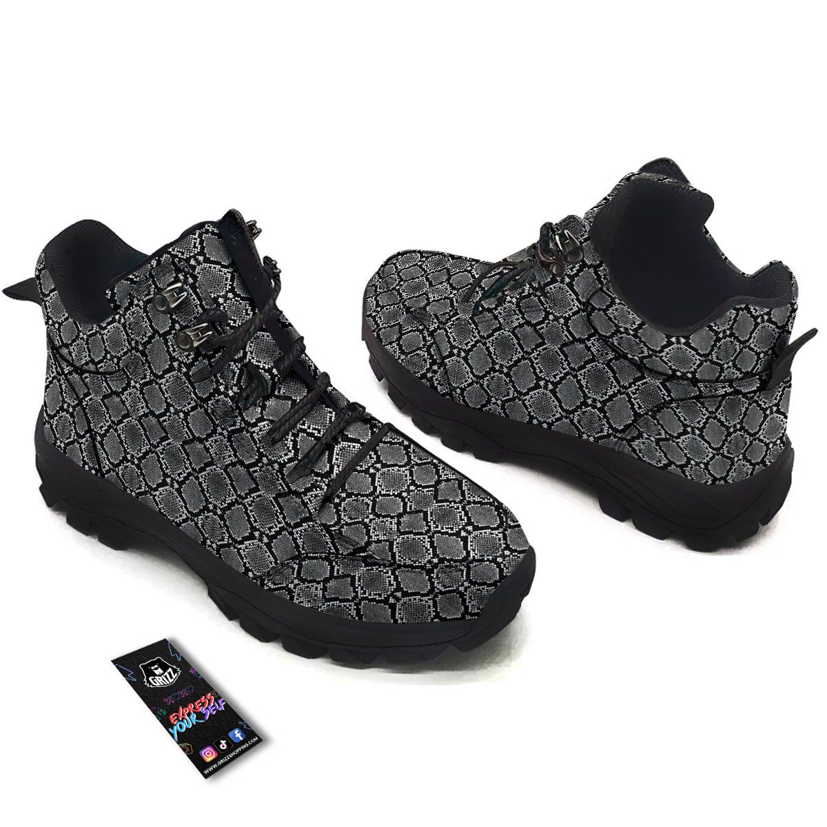 Snakeskin White And Black Print Hiking Shoes-grizzshop