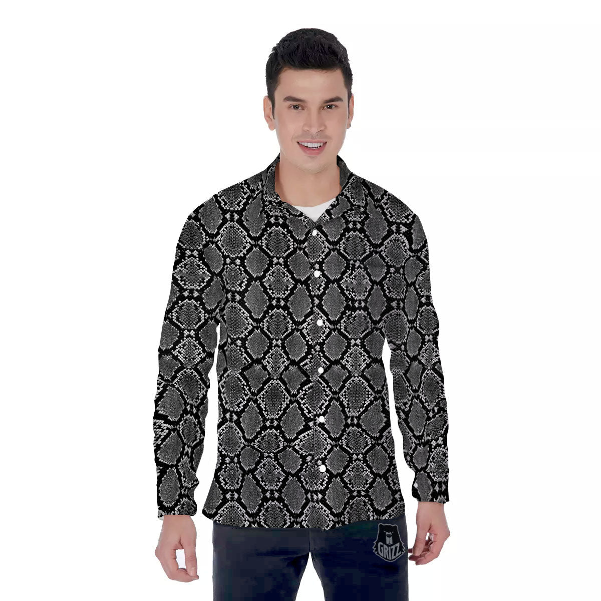 Snakeskin White And Black Print Men's Long Sleeve Shirts-grizzshop
