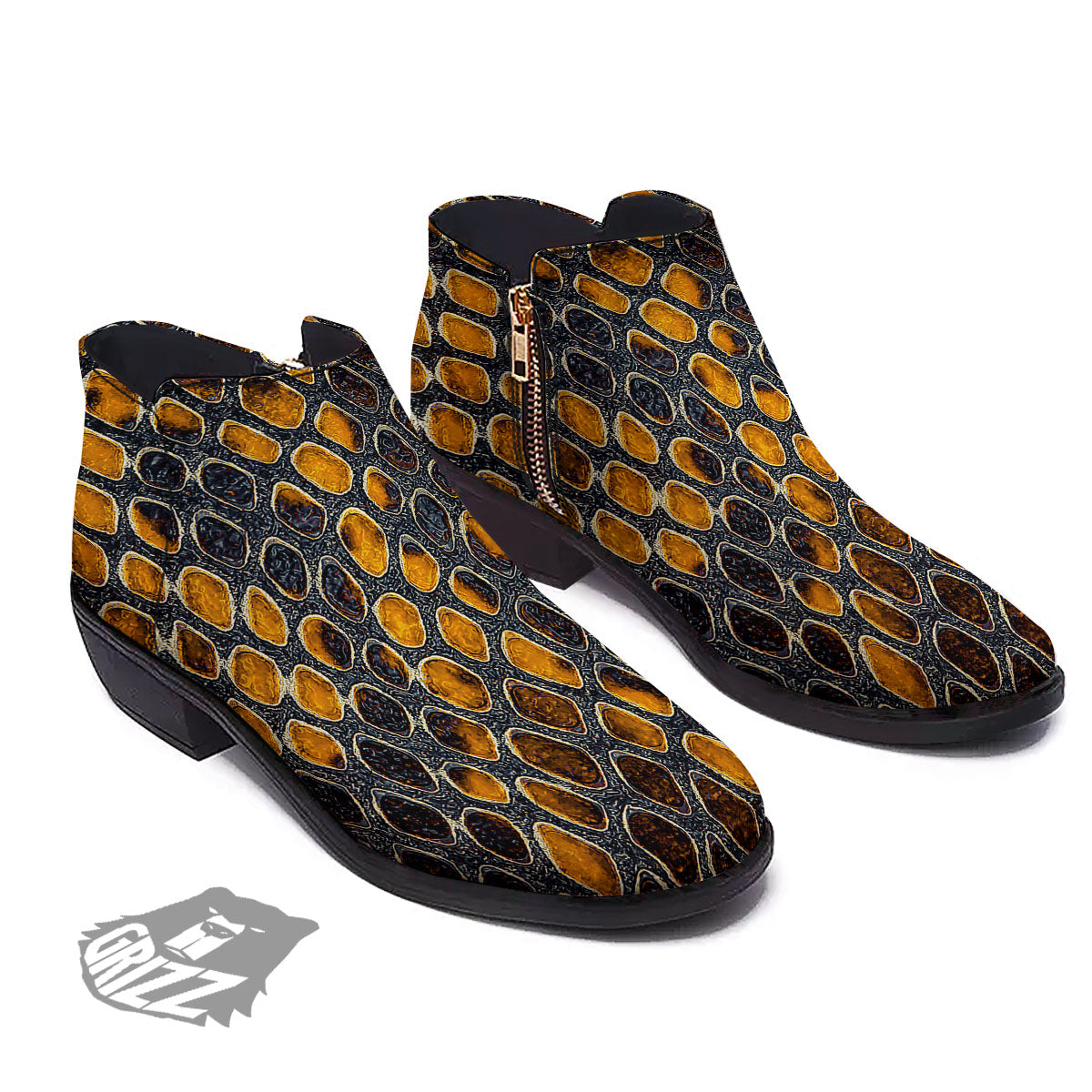 Snakeskin Yellow And Black Print Ankle Boots-grizzshop
