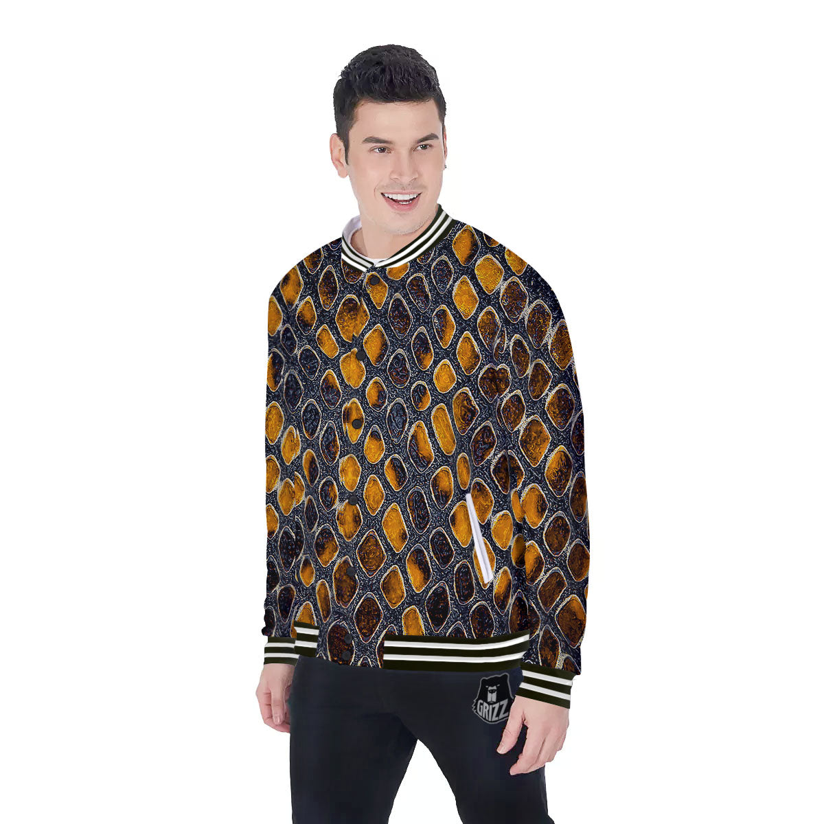 Snakeskin Yellow And Black Print Baseball Jacket-grizzshop