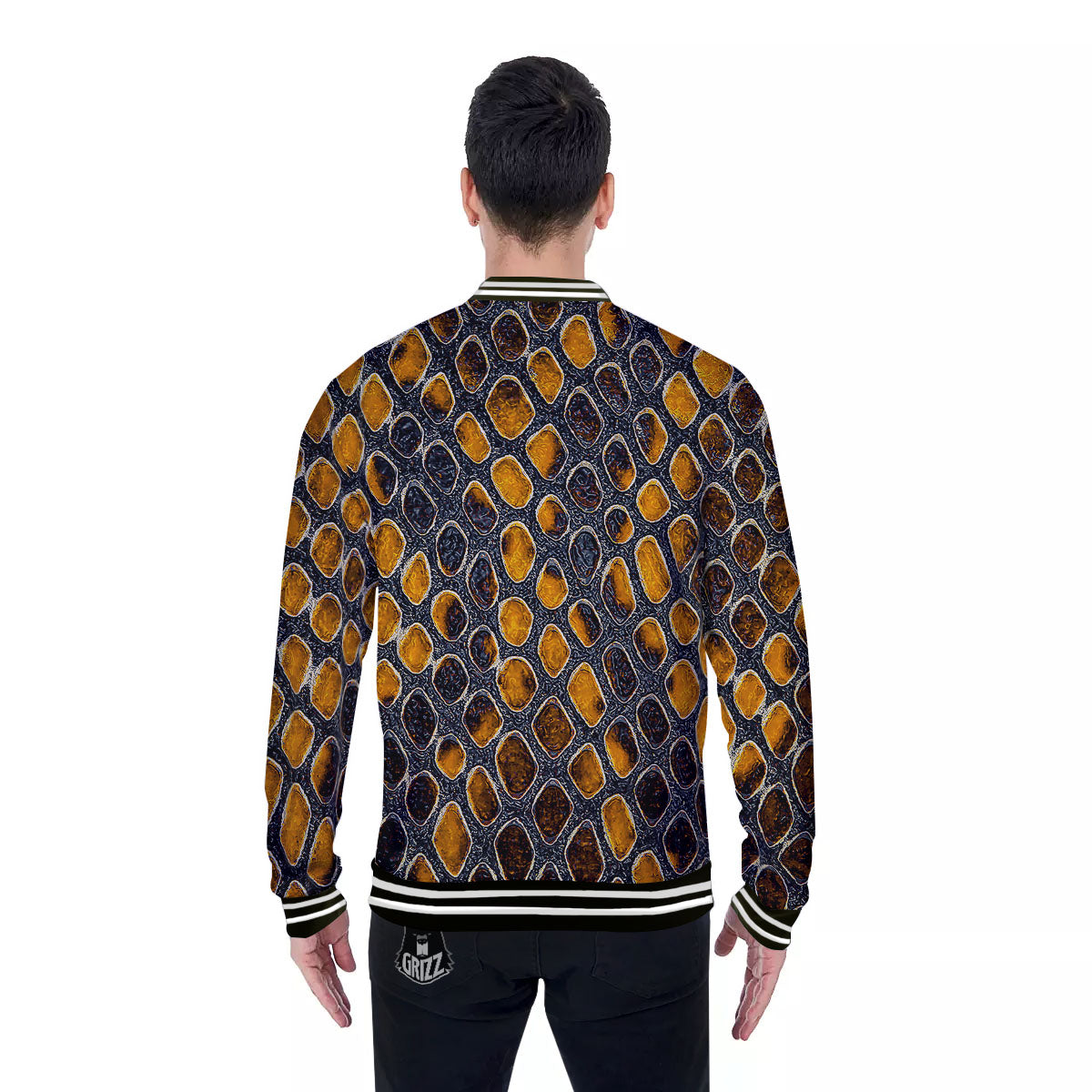Snakeskin Yellow And Black Print Baseball Jacket-grizzshop