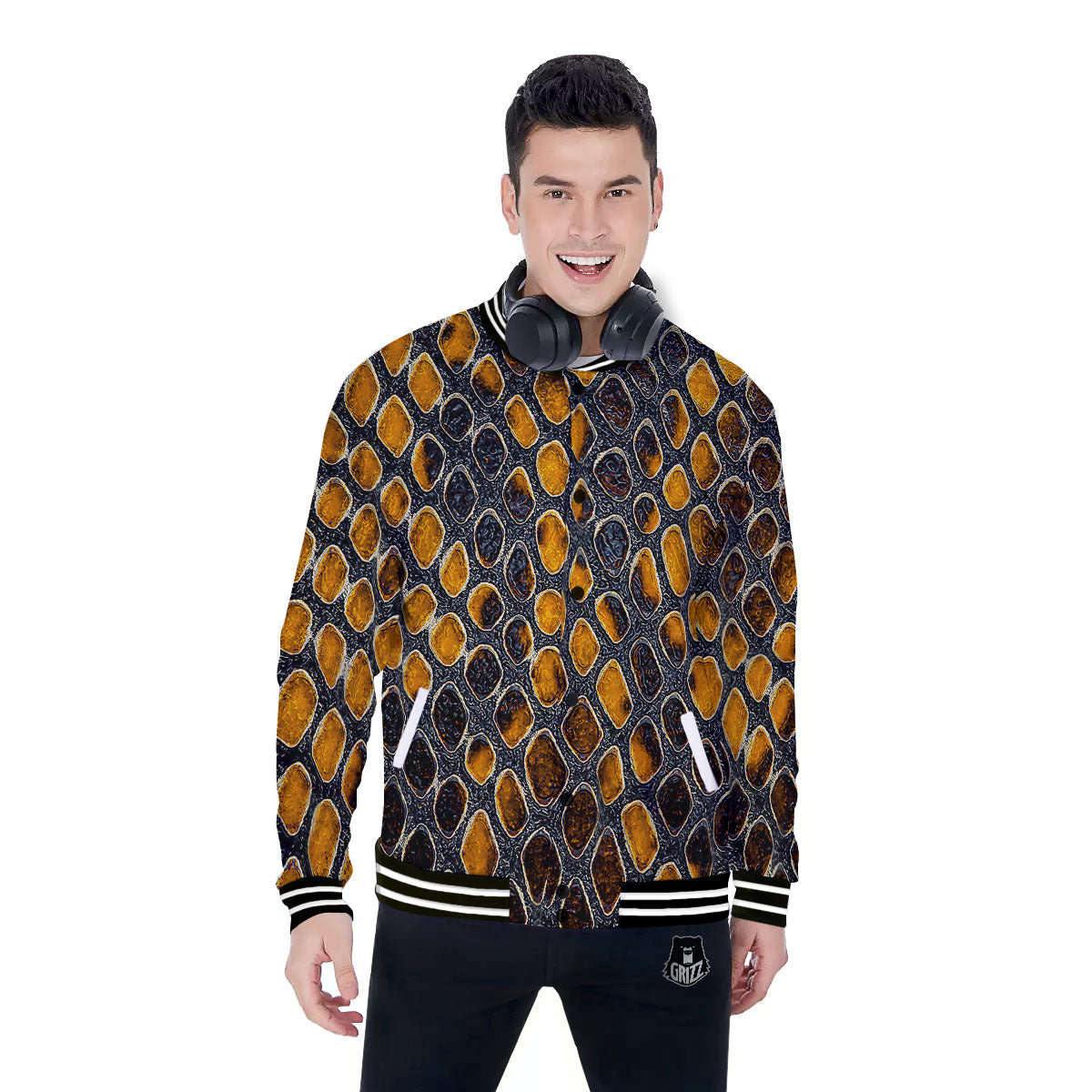Snakeskin Yellow And Black Print Baseball Jacket-grizzshop
