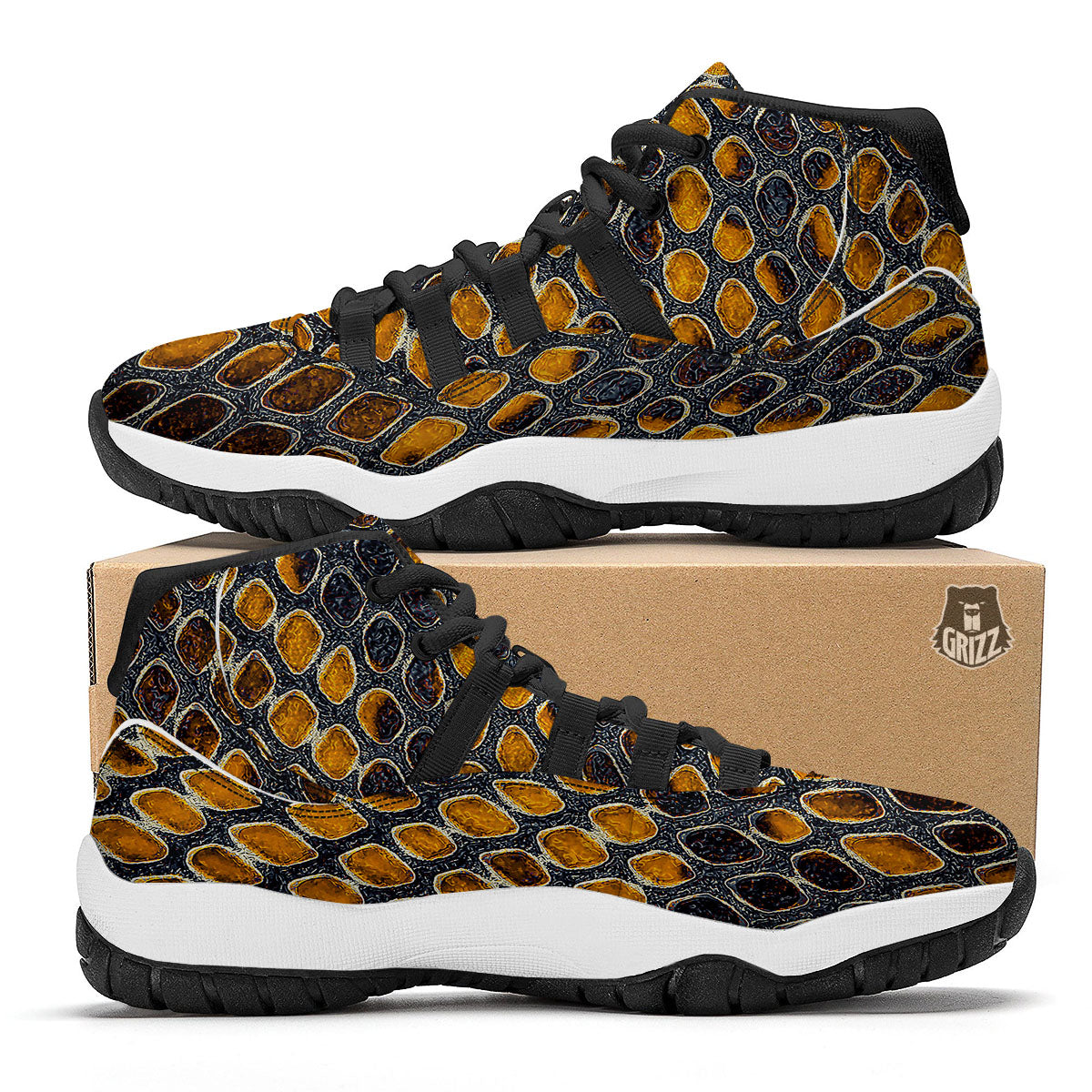 Snakeskin Yellow And Black Print Black Bball Shoes-grizzshop
