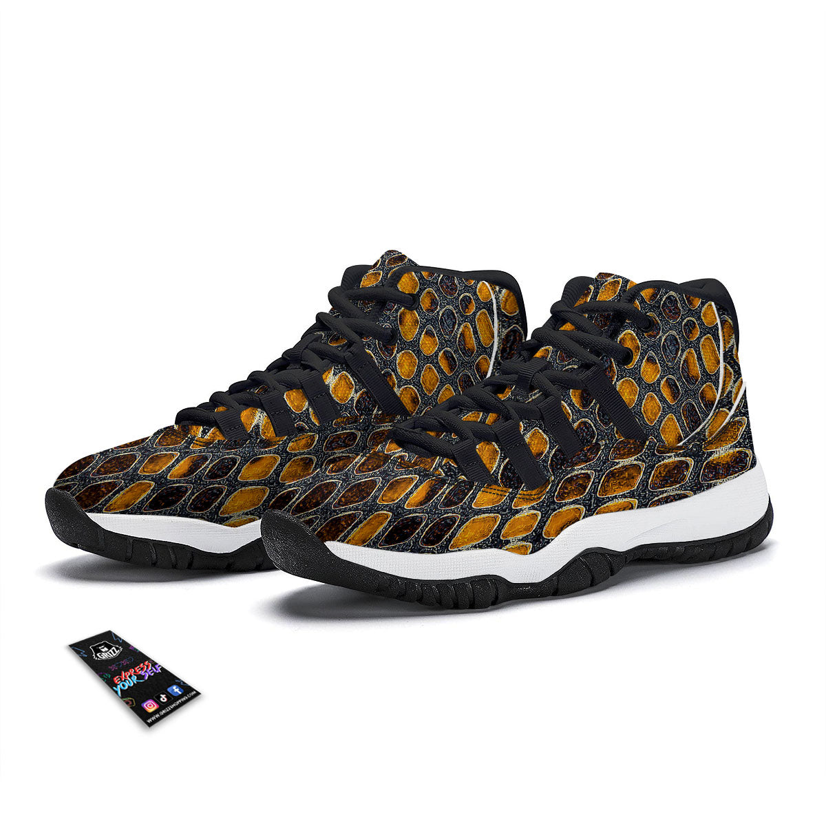 Snakeskin Yellow And Black Print Black Bball Shoes-grizzshop