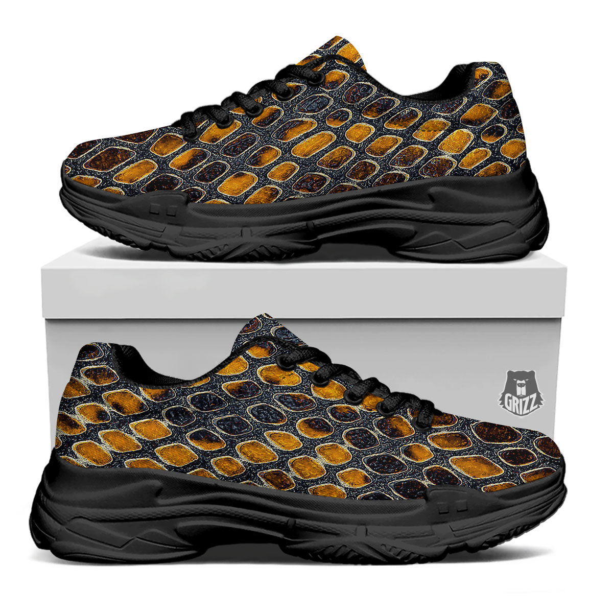 Snakeskin Yellow And Black Print Black Chunky Shoes-grizzshop