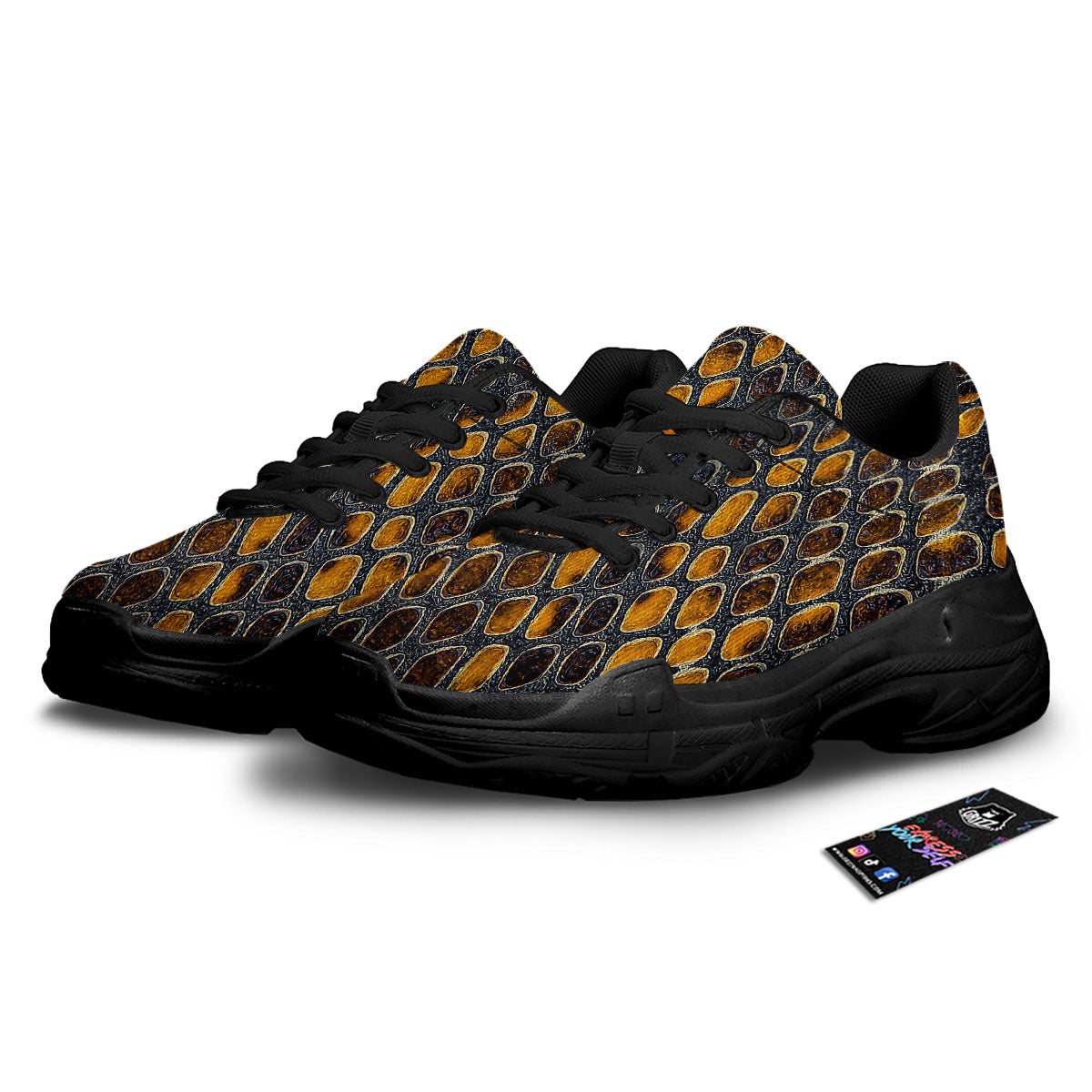 Snakeskin Yellow And Black Print Black Chunky Shoes-grizzshop