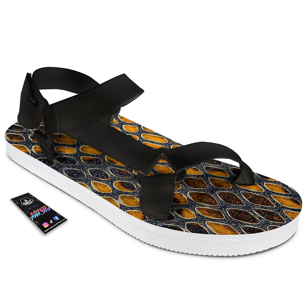Snakeskin Yellow And Black Print Black Open Toe Sandals-grizzshop