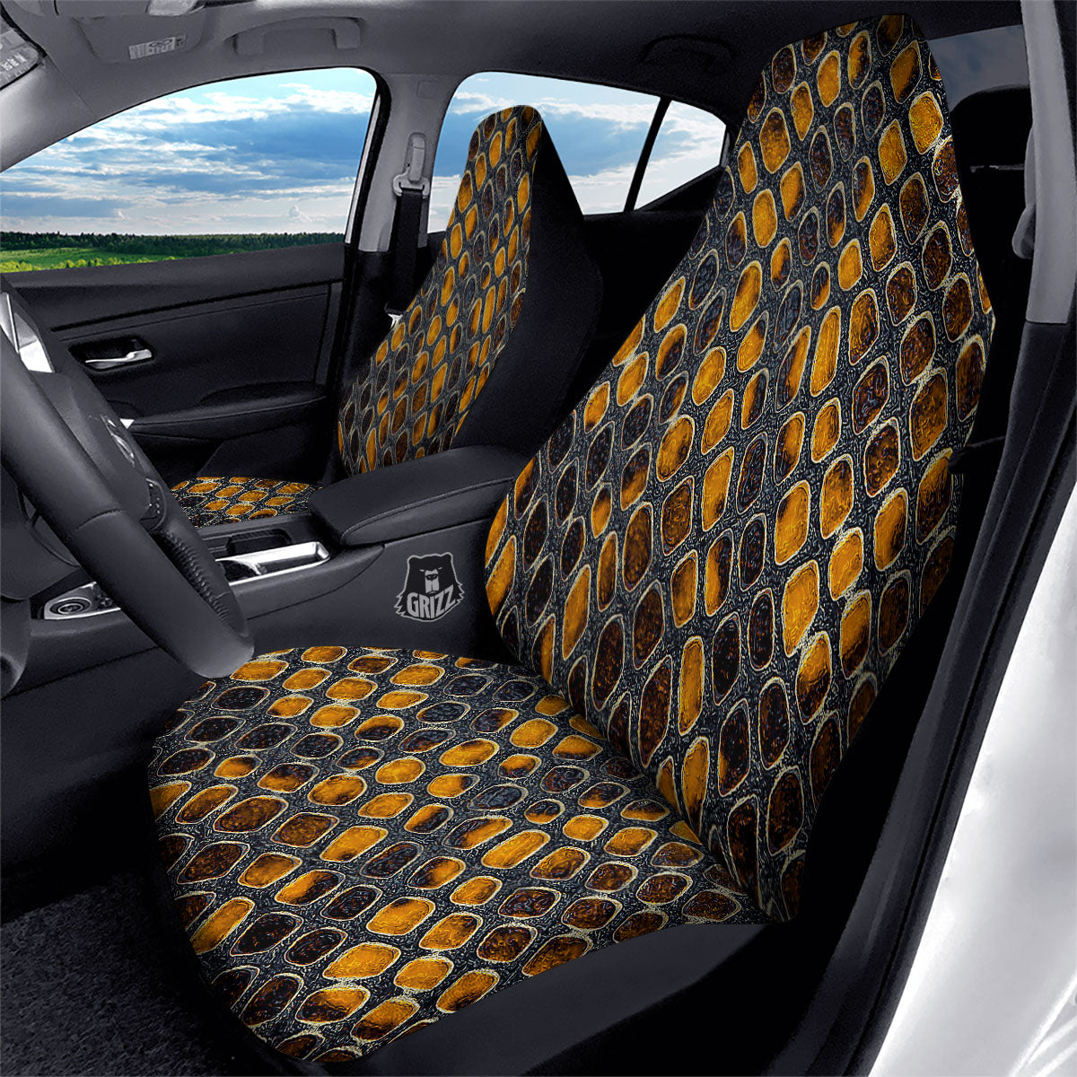 Snakeskin Yellow And Black Print Car Seat Covers-grizzshop
