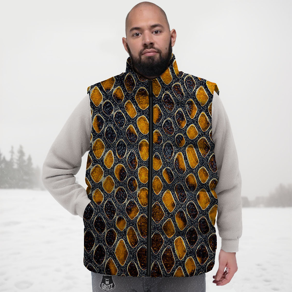 Snakeskin Yellow And Black Print Down Vest