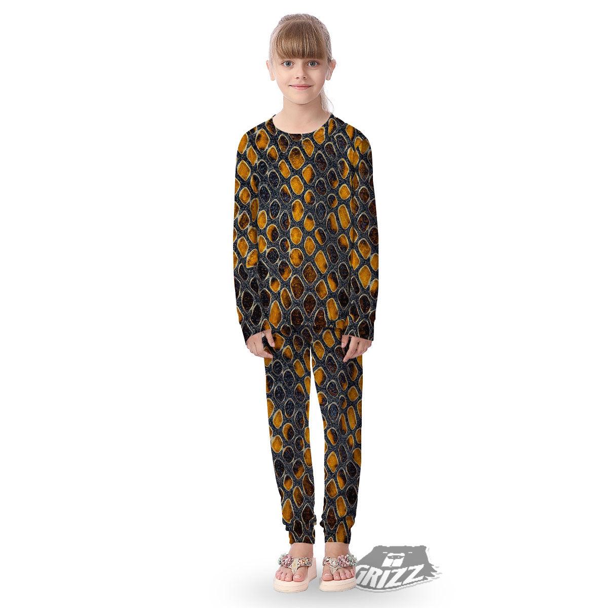 Snakeskin Yellow And Black Print Kid's Pajamas-grizzshop