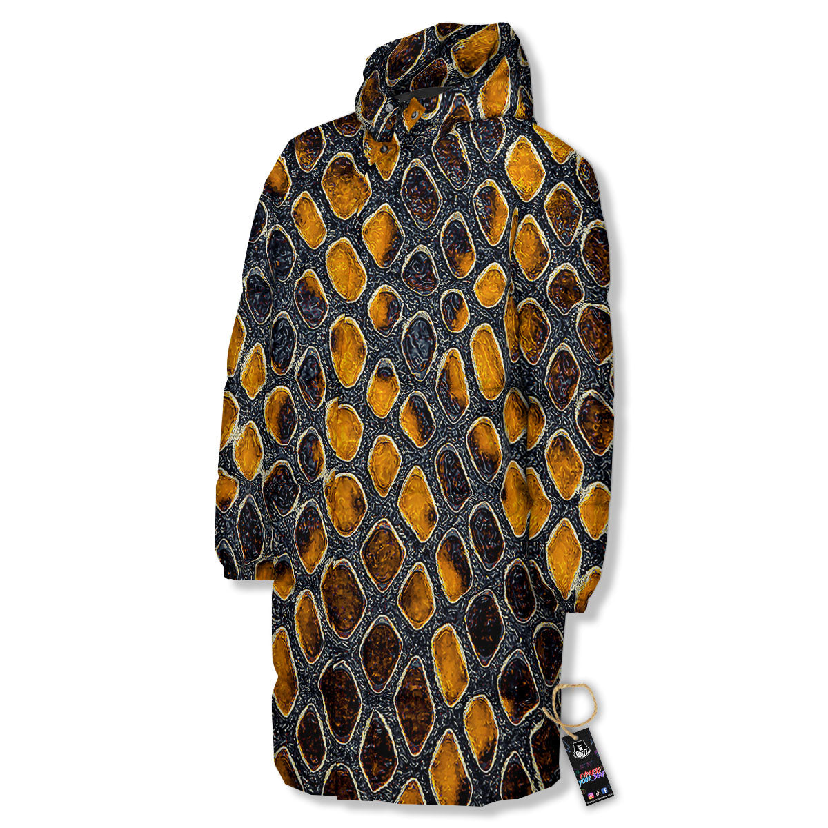 Snakeskin Yellow And Black Print Long Down Jacket-grizzshop