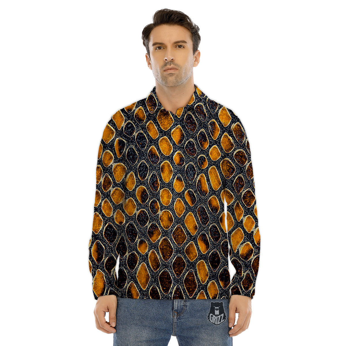 Snakeskin Yellow And Black Print Men's Dress Shirts-grizzshop