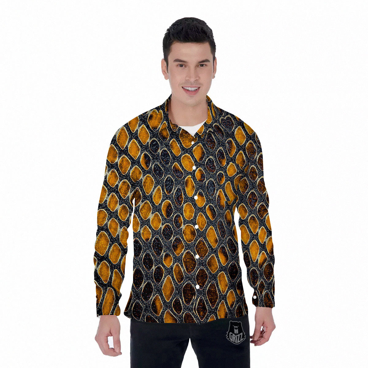 Snakeskin Yellow And Black Print Men's Long Sleeve Shirts-grizzshop