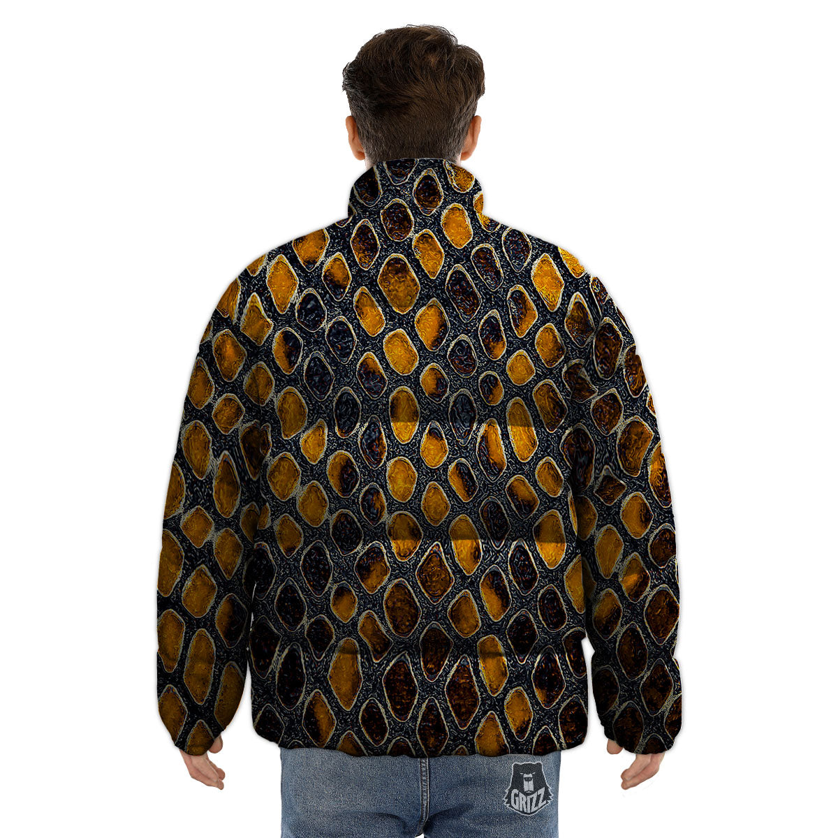 Snakeskin Yellow And Black Print Puffer Jacket-grizzshop