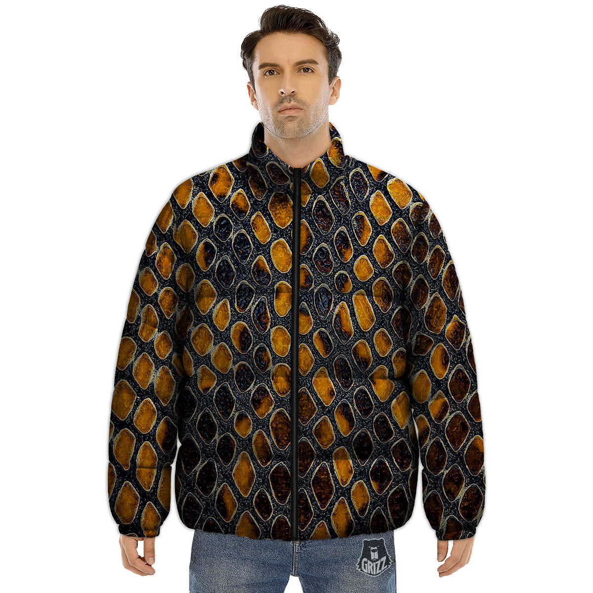 Snakeskin Yellow And Black Print Puffer Jacket-grizzshop
