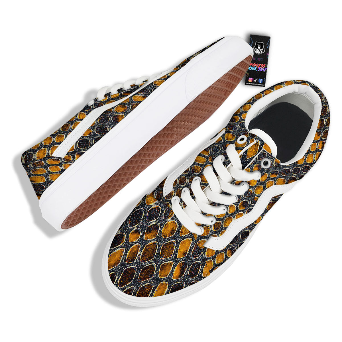 Snakeskin Yellow And Black Print Skate Shoes-grizzshop