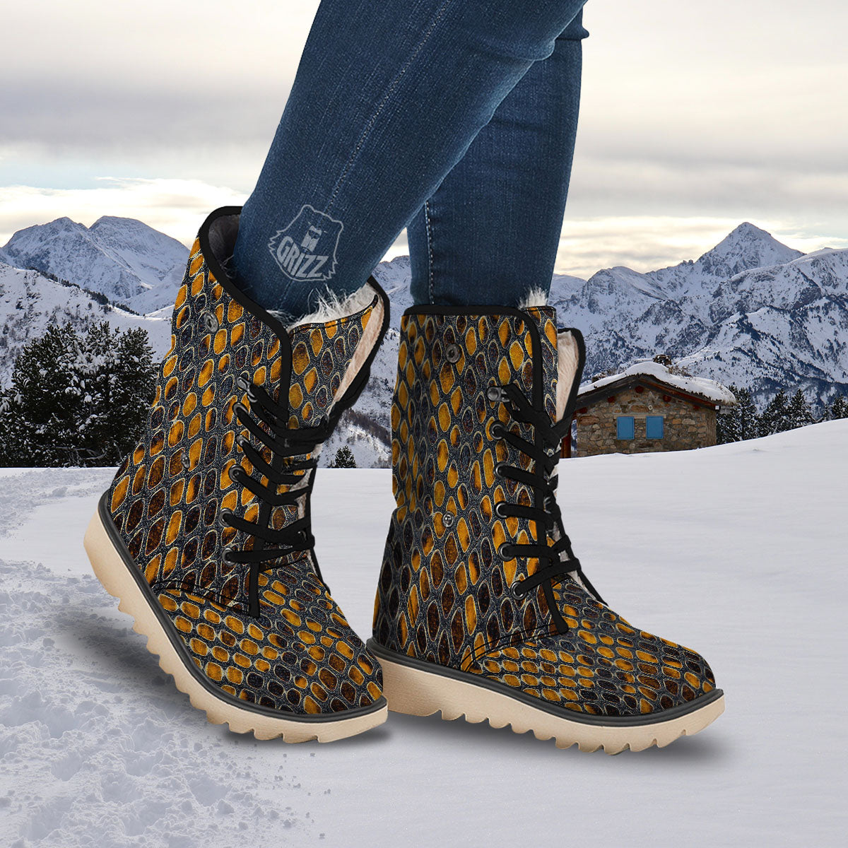 Snakeskin Yellow And Black Print Snow Boots-grizzshop