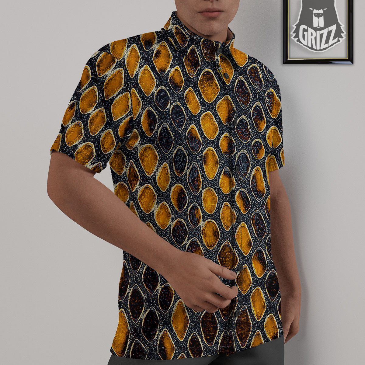 Snakeskin Yellow And Black Print Untucked Shirts-grizzshop