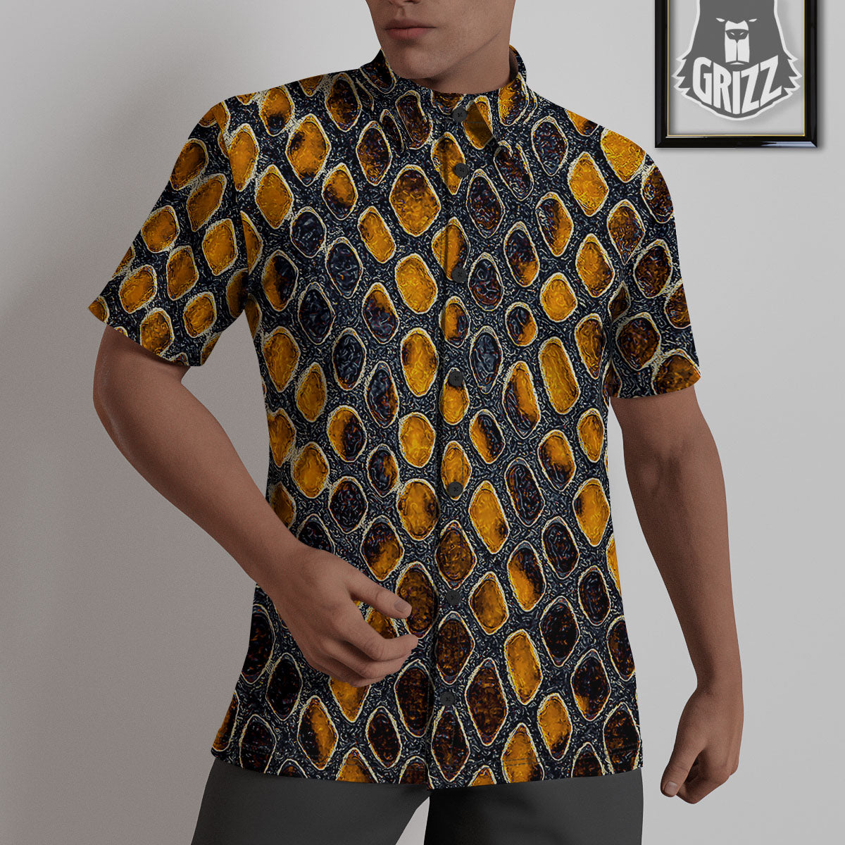 Snakeskin Yellow And Black Print Untucked Shirts-grizzshop