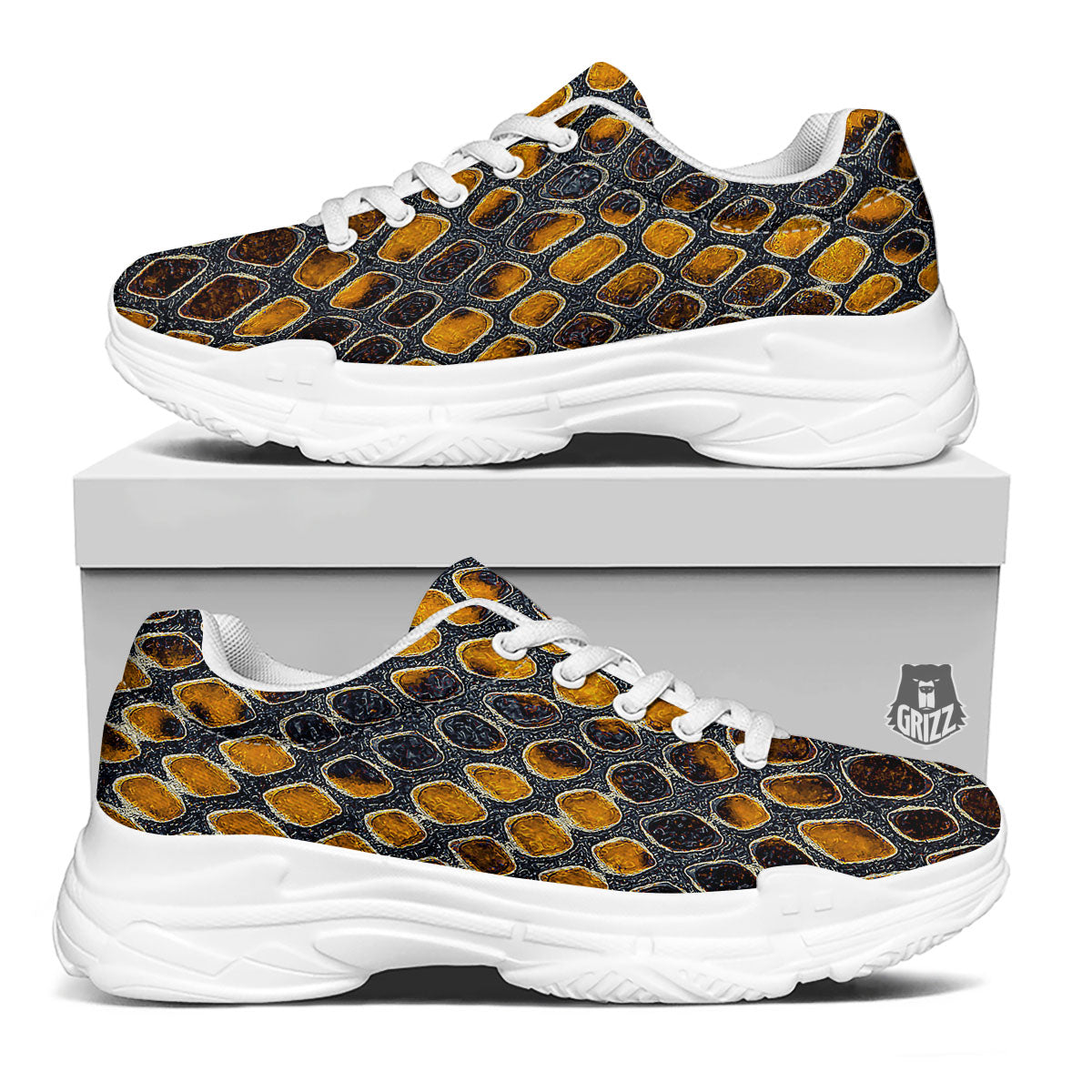Snakeskin Yellow And Black Print White Chunky Shoes-grizzshop