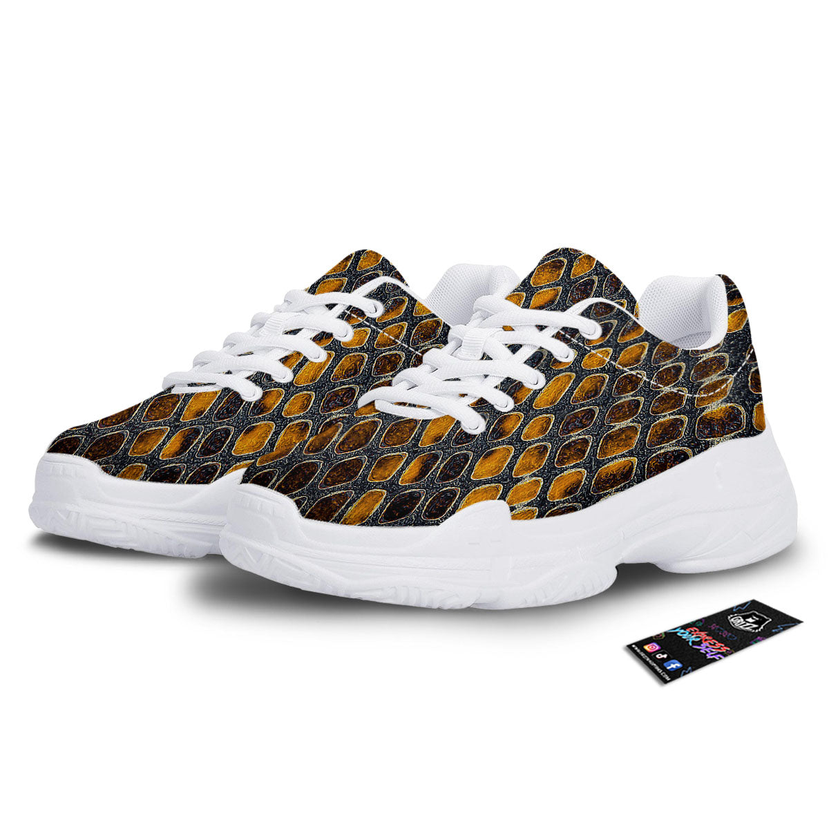 Snakeskin Yellow And Black Print White Chunky Shoes-grizzshop
