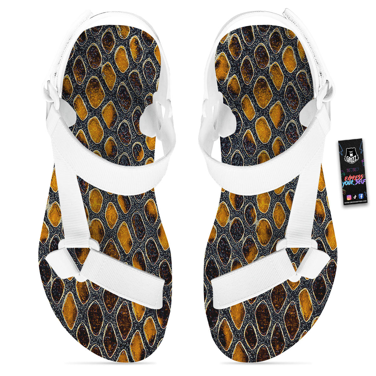 Snakeskin Yellow And Black Print White Open Toe Sandals-grizzshop