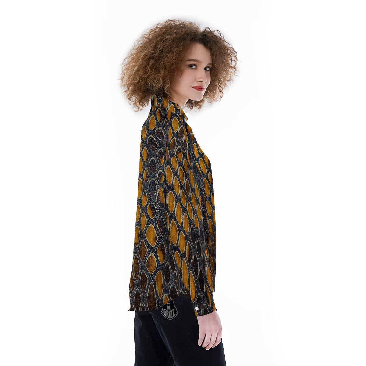 Snakeskin Yellow And Black Print Women's Long Sleeve Shirts-grizzshop
