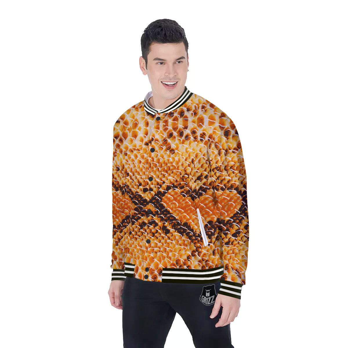 Snakeskin Yellow And Brown Print Baseball Jacket-grizzshop