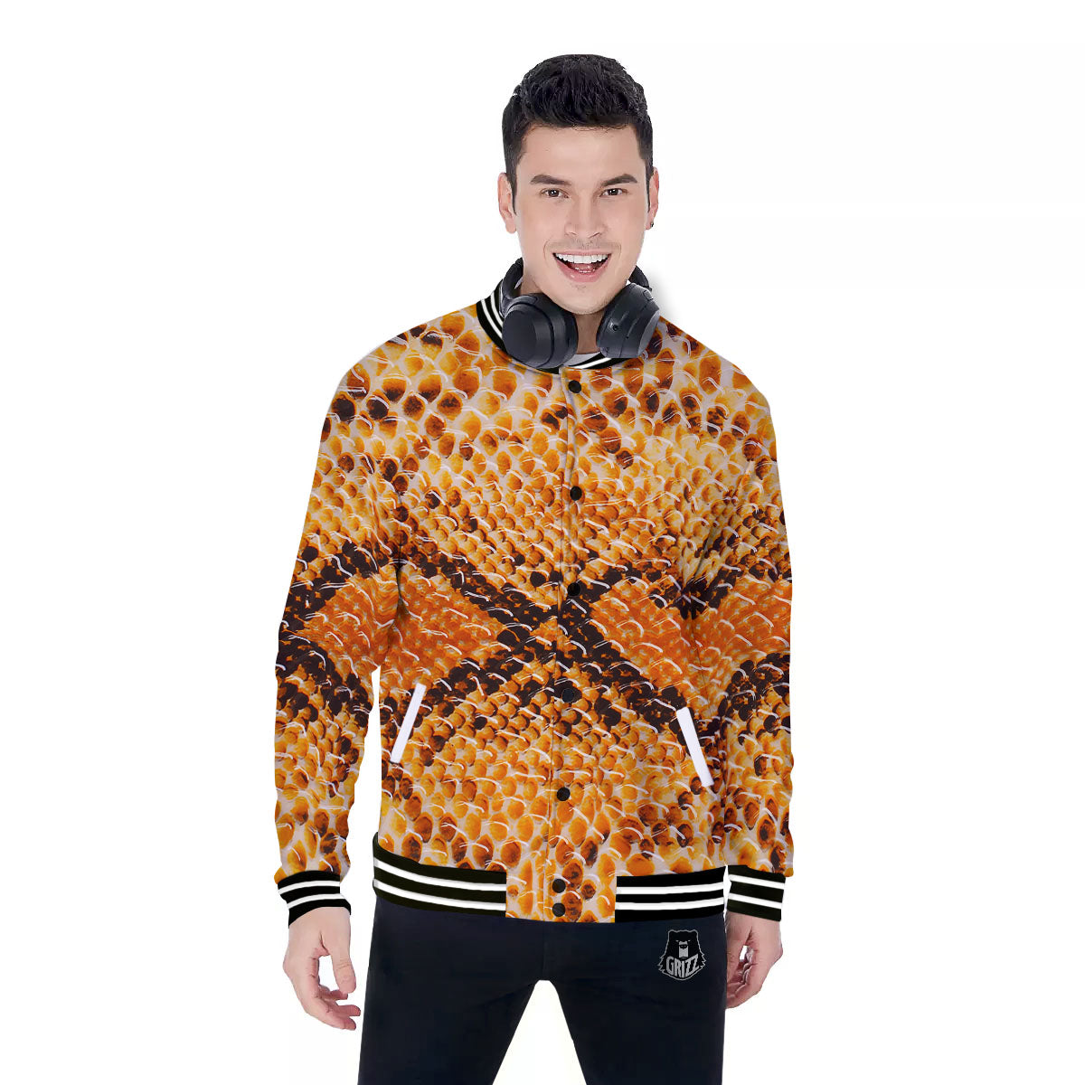 Snakeskin Yellow And Brown Print Baseball Jacket-grizzshop