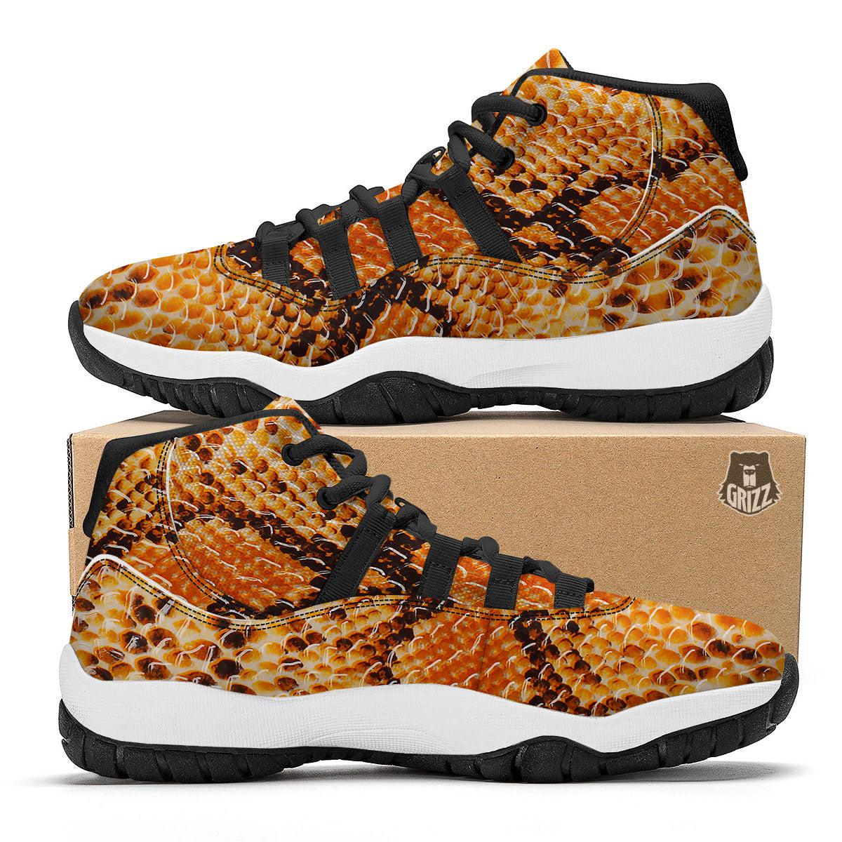 Snakeskin Yellow And Brown Print Black Bball Shoes-grizzshop