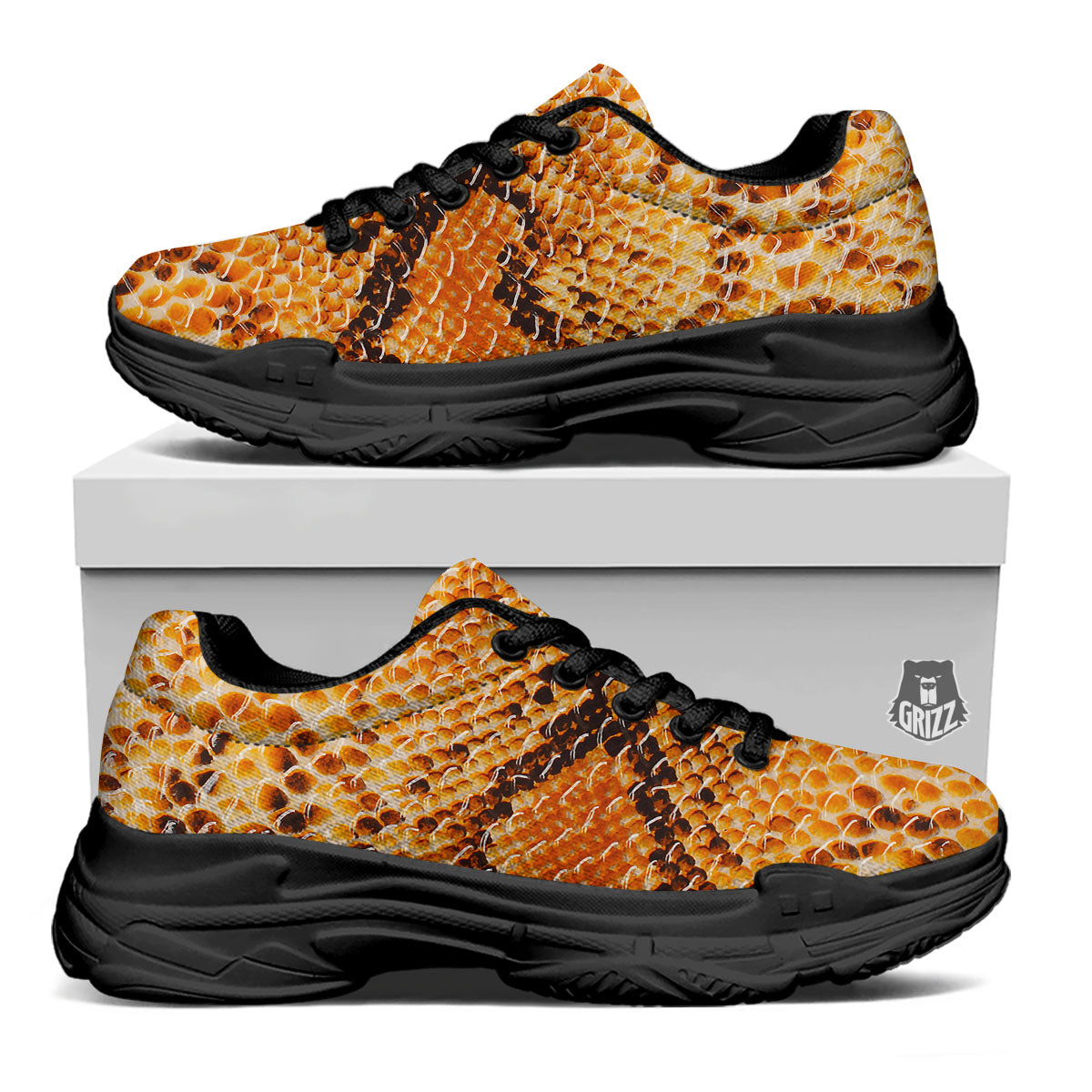 Snakeskin Yellow And Brown Print Black Chunky Shoes-grizzshop