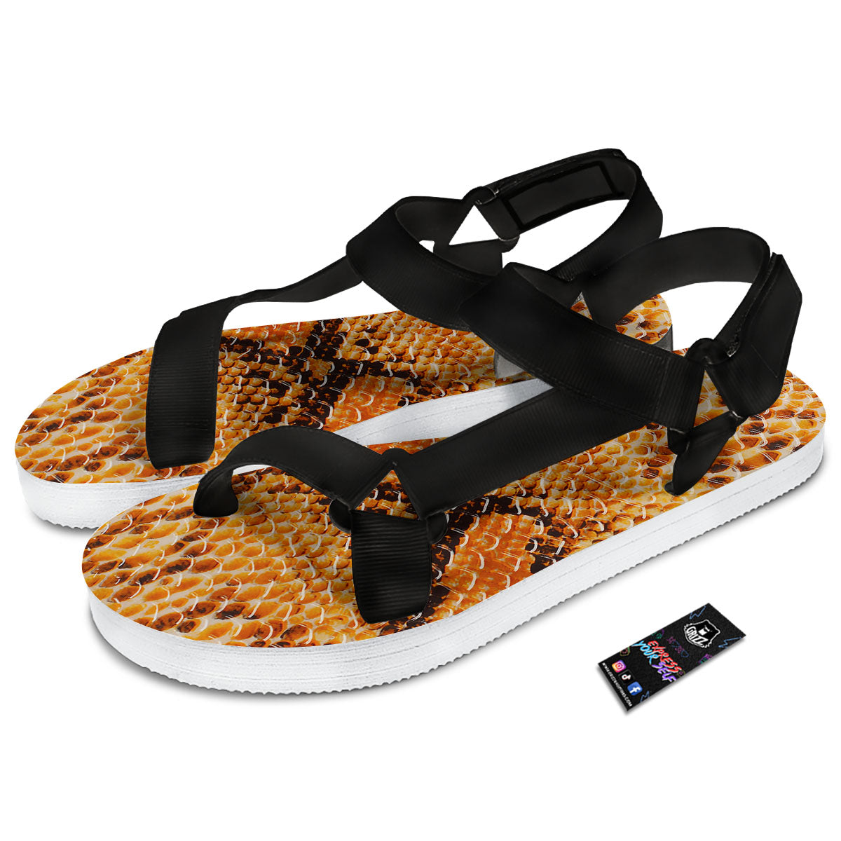 Snakeskin Yellow And Brown Print Black Open Toe Sandals-grizzshop