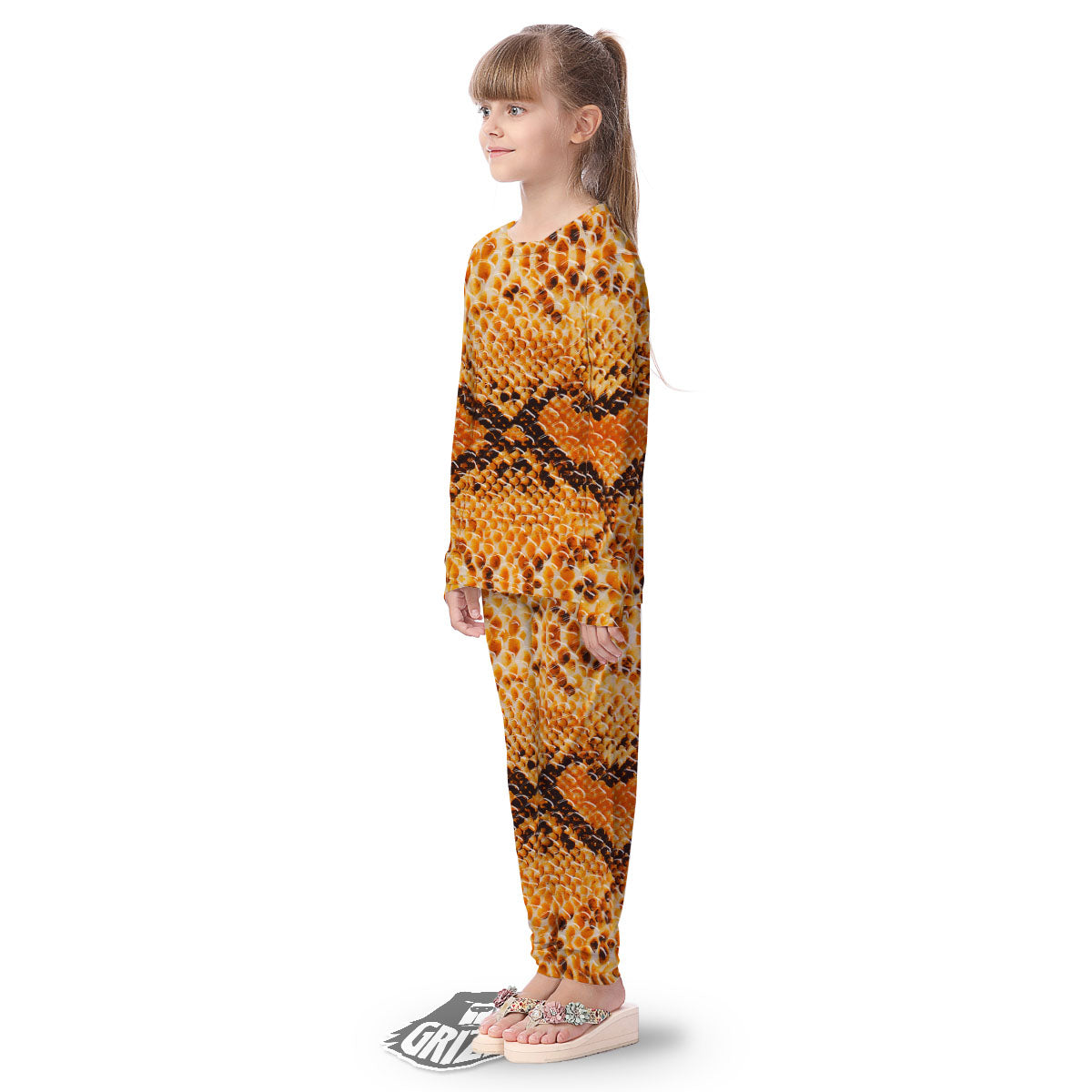 Snakeskin Yellow And Brown Print Kid's Pajamas-grizzshop