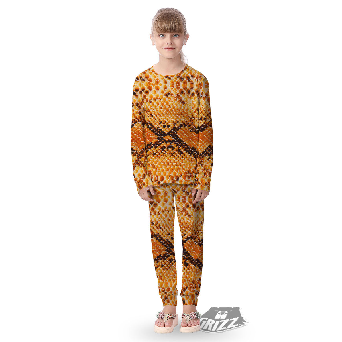 Snakeskin Yellow And Brown Print Kid's Pajamas-grizzshop
