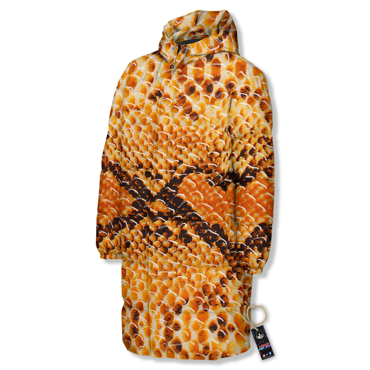Snakeskin Yellow And Brown Print Long Down Jacket-grizzshop